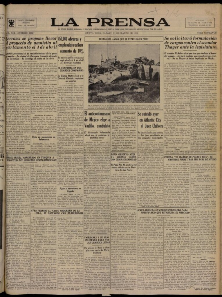 Miniatura de La Prensa: único diario español e hispano americano en Nueva York del 31 de marzo de 1934, nº 5360