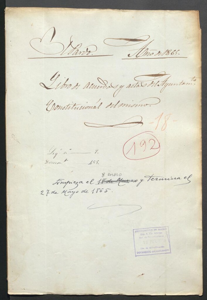 Miniatura de Actas y acuerdos del ayuntamiento de El Pardo de 1865. Libro 192.