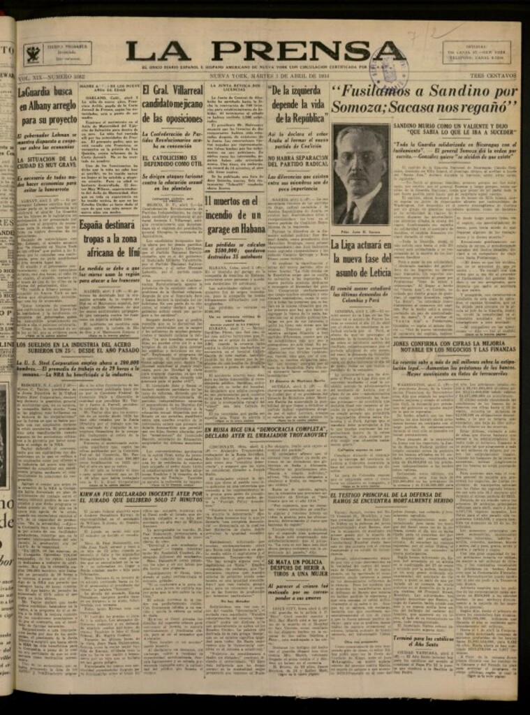 Miniatura de La Prensa: único diario español e hispano americano en Nueva York del 3 de abril de 1934, nº 5362