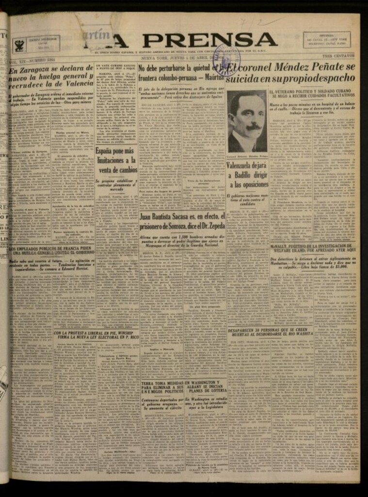Miniatura de La Prensa: único diario español e hispano americano en Nueva York del 5 de abril de 1934, nº 5364