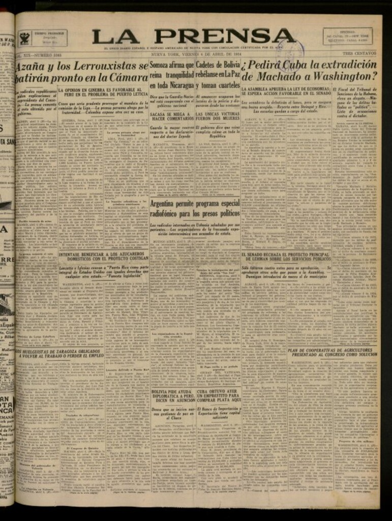 Miniatura de La Prensa: único diario español e hispano americano en Nueva York del 6 de abril de 1934, nº 5365