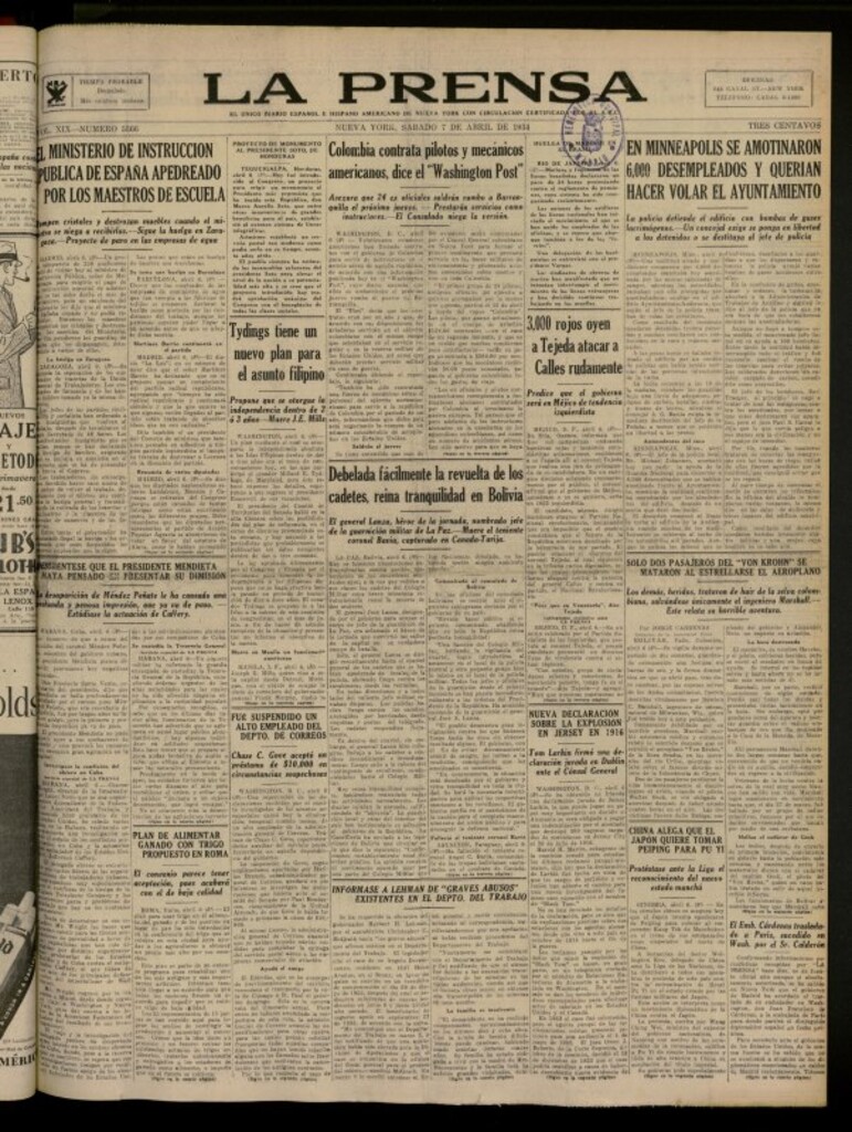 Miniatura de La Prensa: único diario español e hispano americano en Nueva York del 7 de abril de 1934, nº 5366