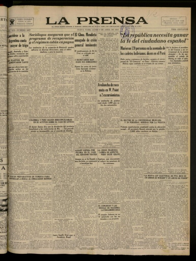 Miniatura de La Prensa: único diario español e hispano americano en Nueva York del 9 de abril de 1934, nº 5367