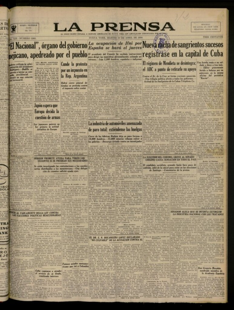 Miniatura de La Prensa: único diario español e hispano americano en Nueva York del 10 de abril de 1934, nº 5368