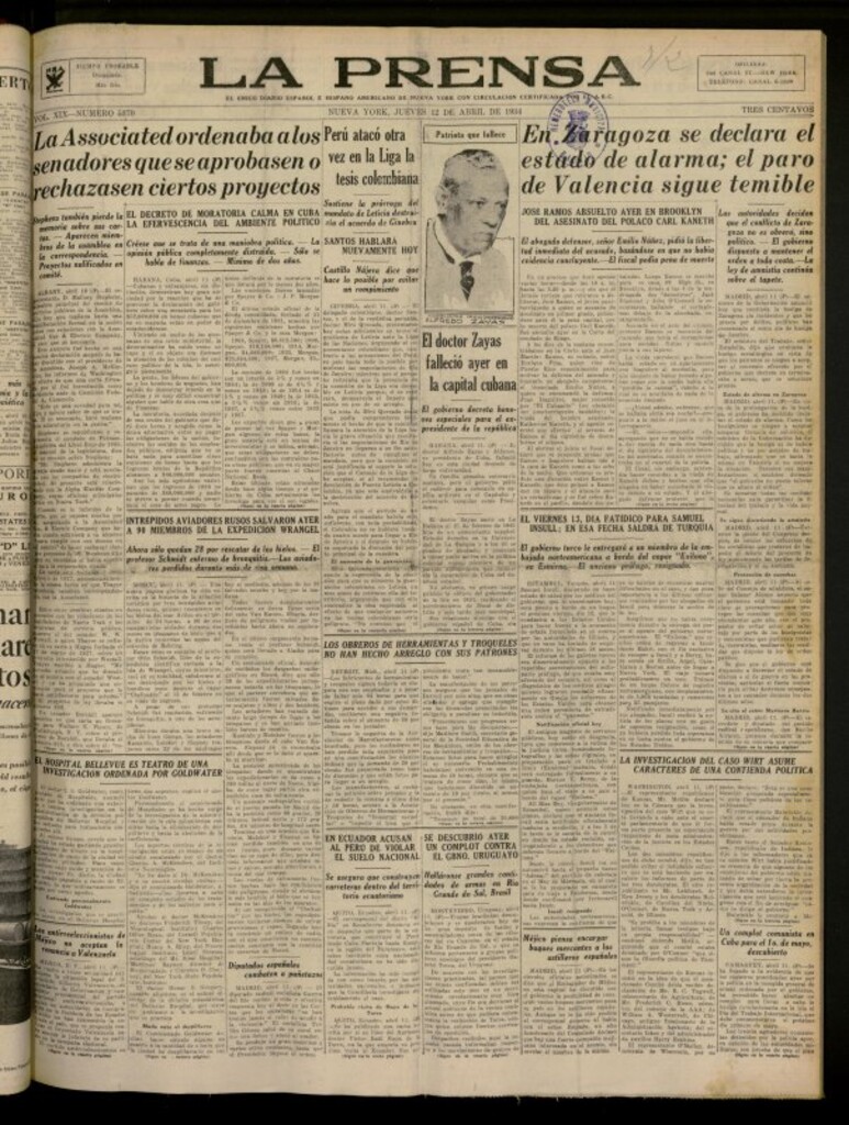 Miniatura de La Prensa: único diario español e hispano americano en Nueva York del 12 de abril de 1934, nº 5370