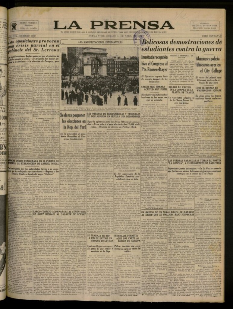 Miniatura de La Prensa: único diario español e hispano americano en Nueva York del 14 de abril de 1934, nº 5372