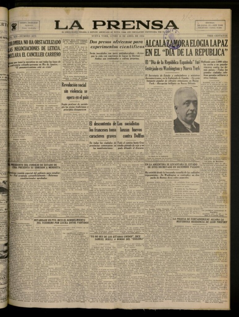 Miniatura de La Prensa: único diario español e hispano americano en Nueva York del 16 de abril de 1934, nº 5373