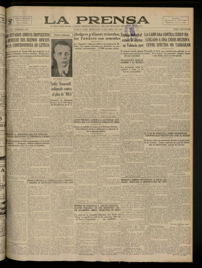 Miniatura de La Prensa: único diario español e hispano americano en Nueva York del 18 de abril de 1934, nº 5375