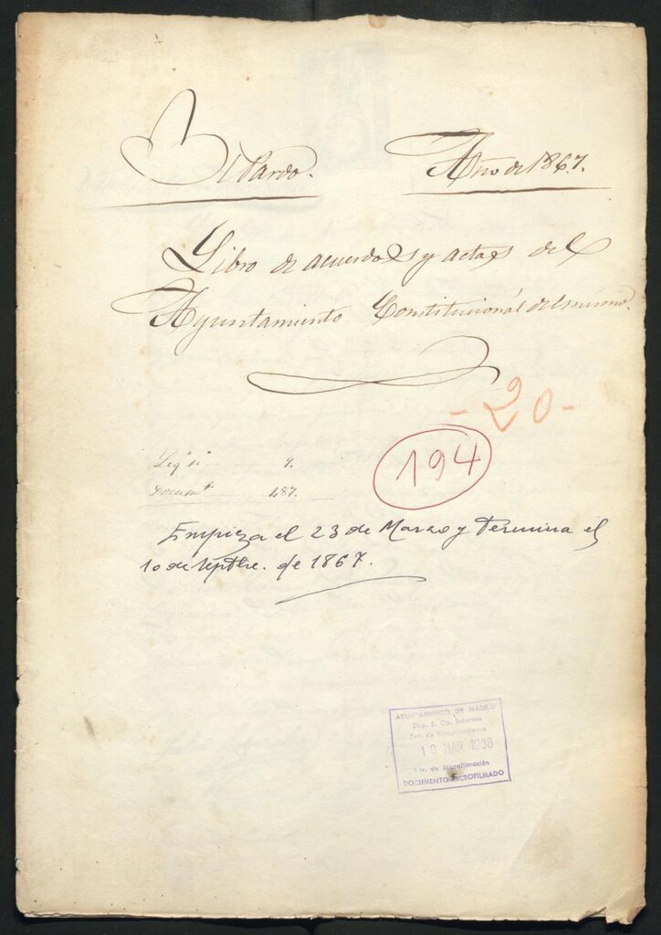 Miniatura de Actas y acuerdos del ayuntamiento de El Pardo de 1867. Libro 194.