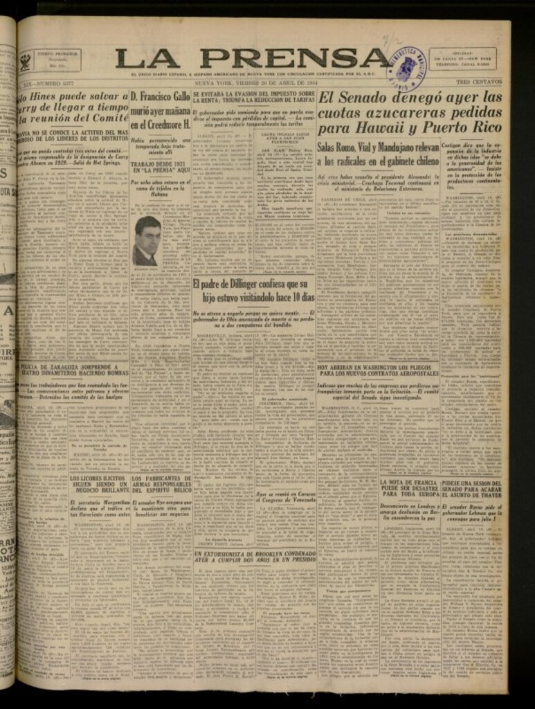 Miniatura de La Prensa: único diario español e hispano americano en Nueva York del 20 de abril de 1934, nº 5377