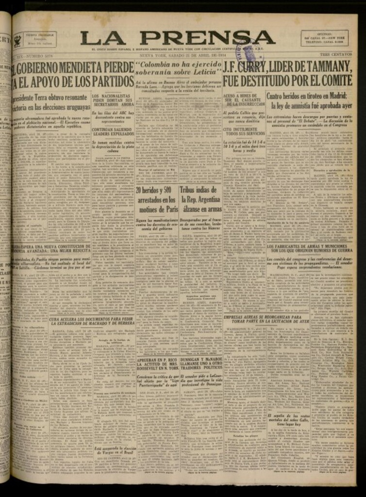 Miniatura de La Prensa: único diario español e hispano americano en Nueva York, del 21 de abril de 1934, nº 5378