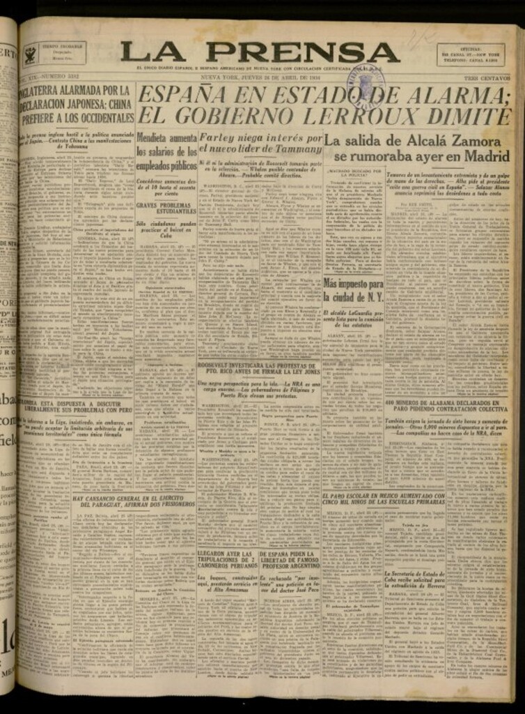 Miniatura de La Prensa: único diario español e hispano americano en Nueva York del 26 de abril de 1934, nº 5382
