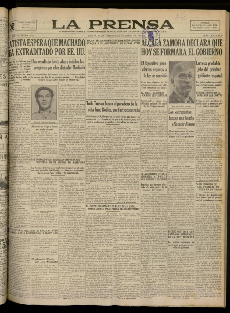 Miniatura de La Prensa: único diario español e hispano americano en Nueva York del 27 de abril de 1934, nº 5383