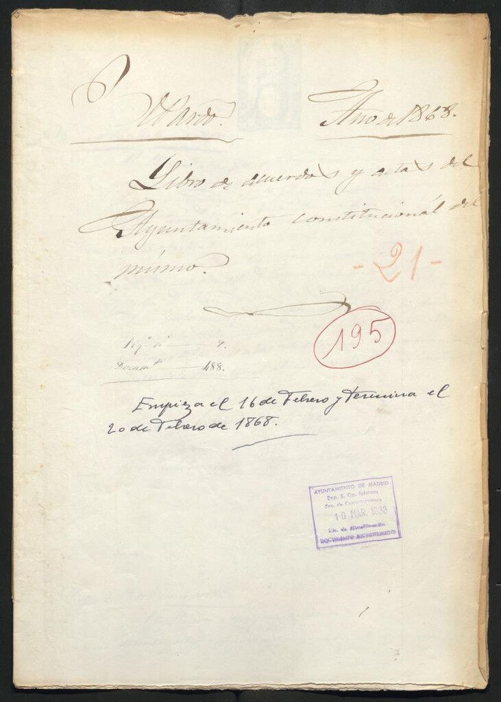 Miniatura de Actas y acuerdos del ayuntamiento de El Pardo de 1868. Libro 195.