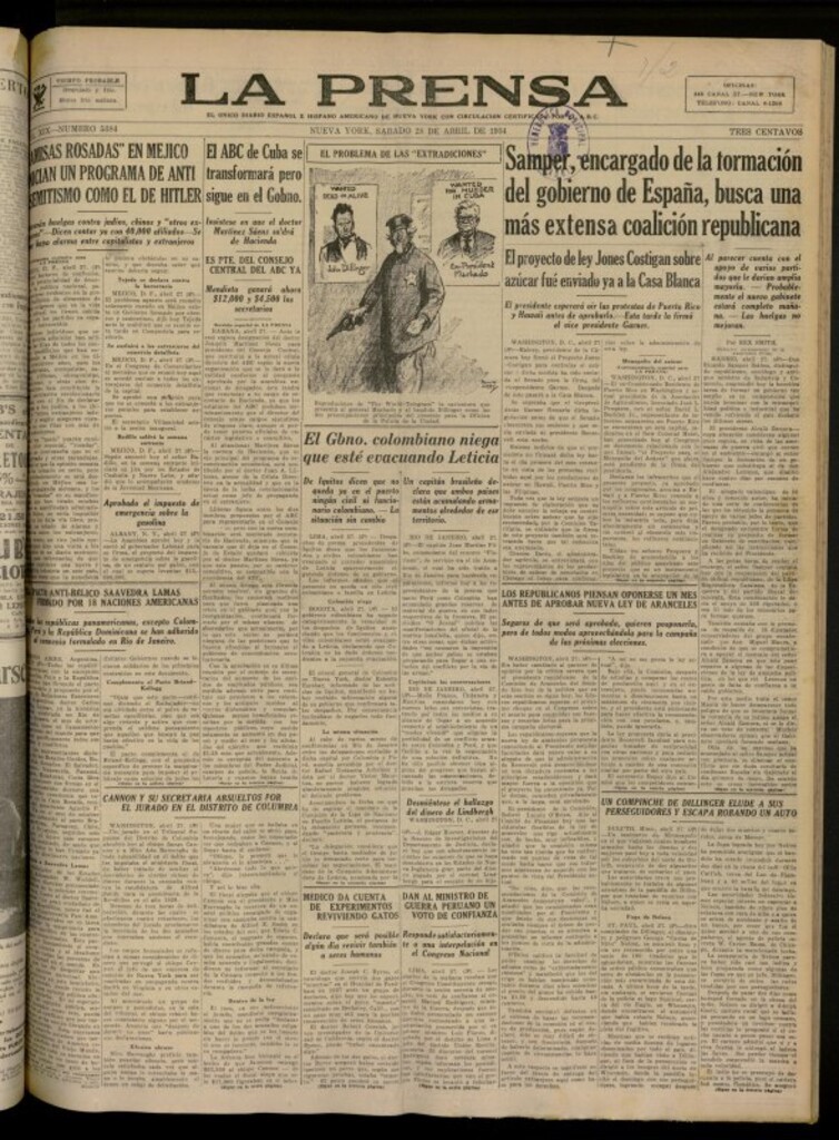 Miniatura de La Prensa: único diario español e hispano americano en Nueva York del 28 de abril de 1934, nº 5384