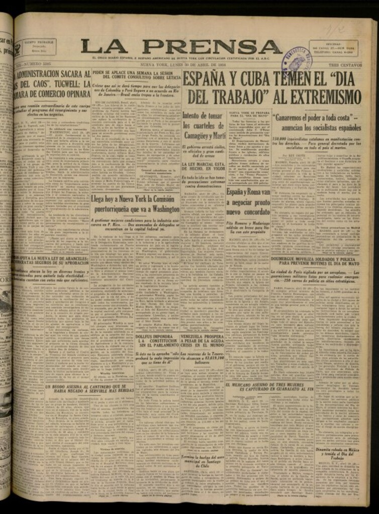 Miniatura de La Prensa: único diario español e hispano americano en Nueva York del 30 de abril de 1934, nº 5385