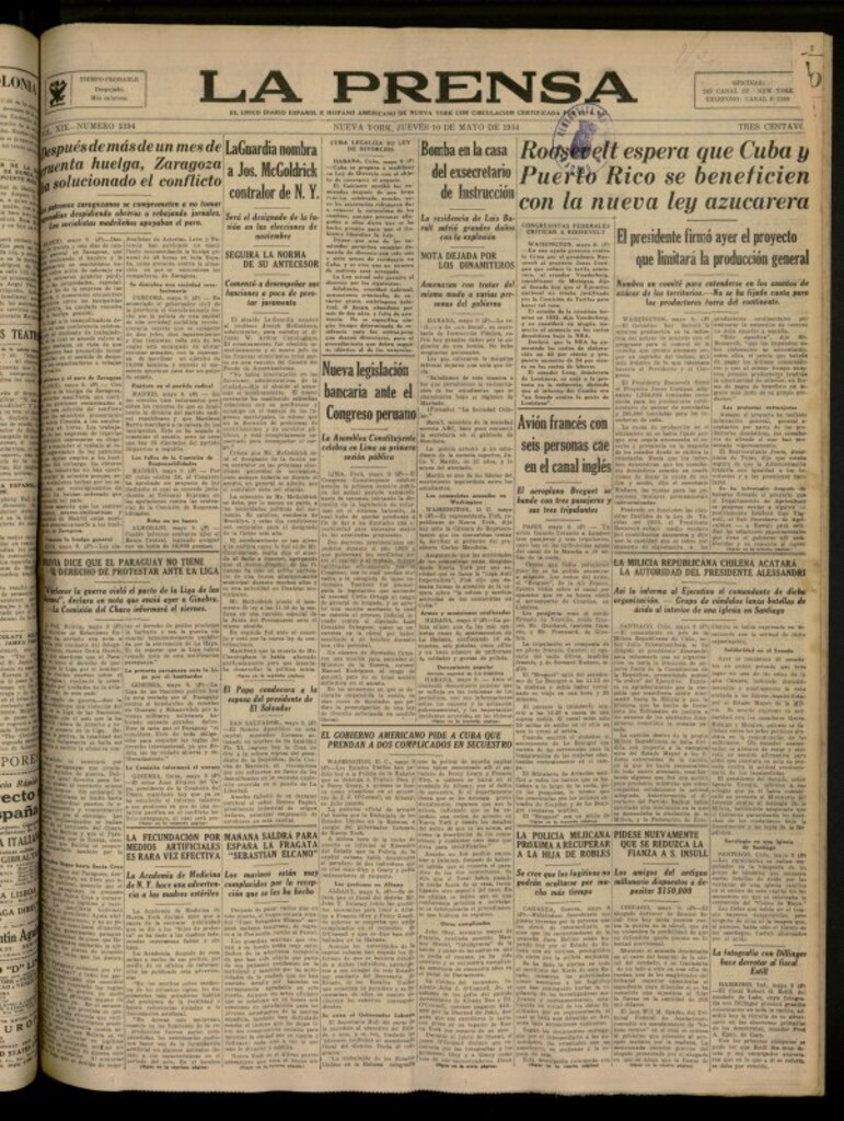 Miniatura de La Prensa: único diario español e hispano americano en Nueva York del 10 de mayo de 1934, nº 5394