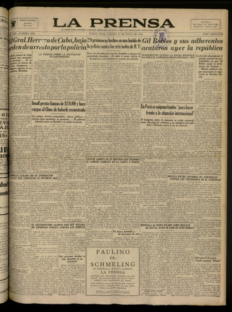 Miniatura de La Prensa: único diario español e hispano americano en Nueva York del 12 de mayo de 1934, nº 5396
