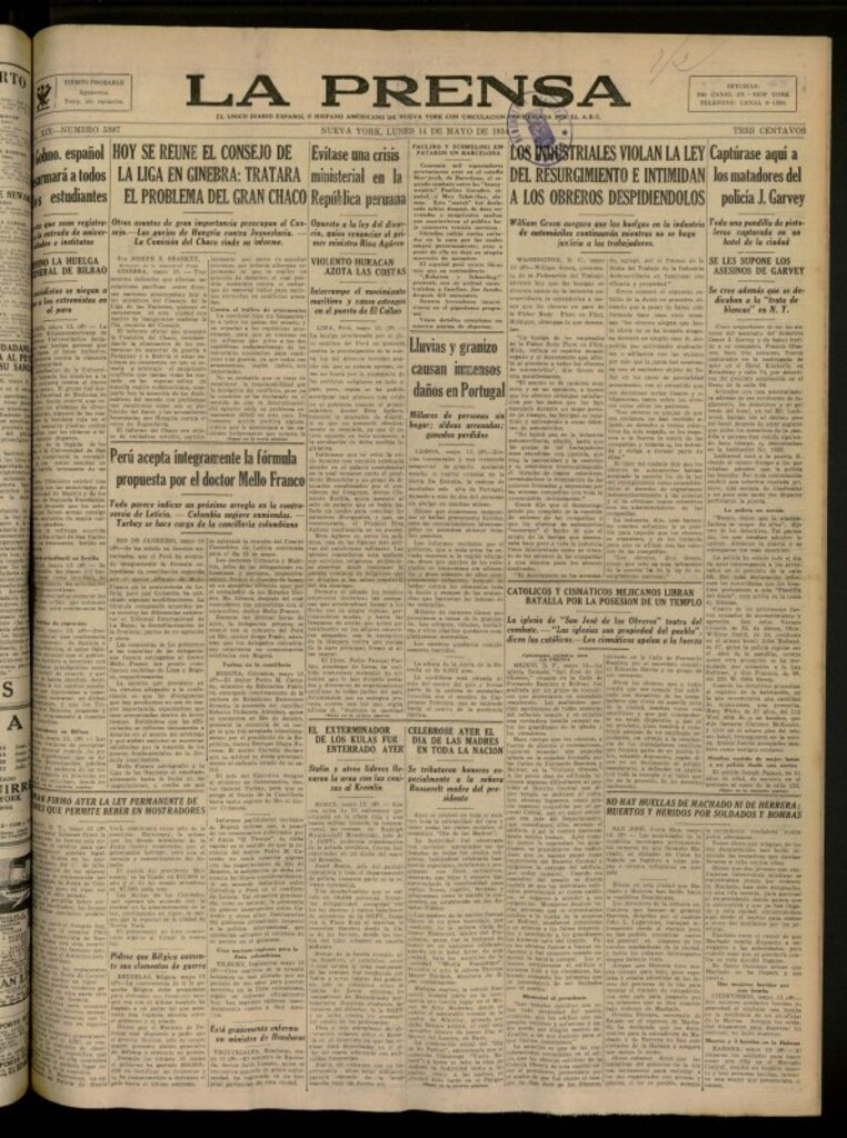 Miniatura de La Prensa: único diario español e hispano americano en Nueva York del 14 de mayo de 1934, nº 5397