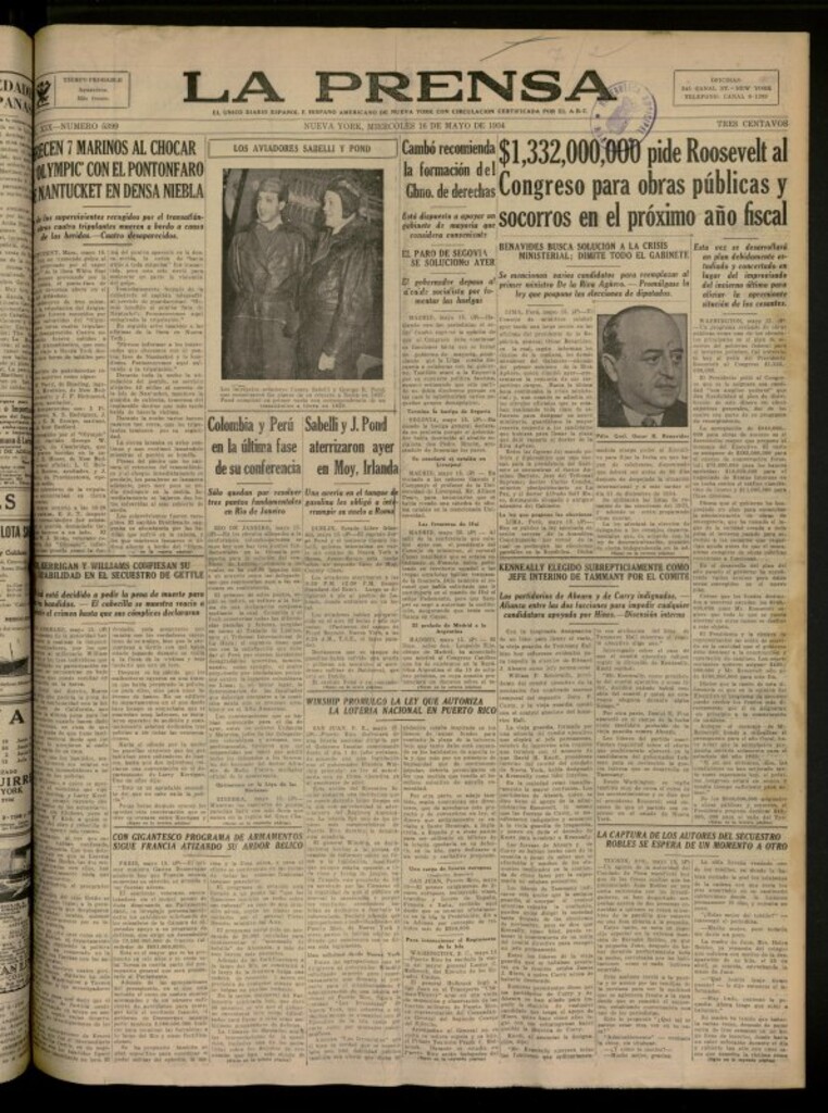 Miniatura de La Prensa: único diario español e hispano americano en Nueva York del 16 de mayo de 1934, nº 5399