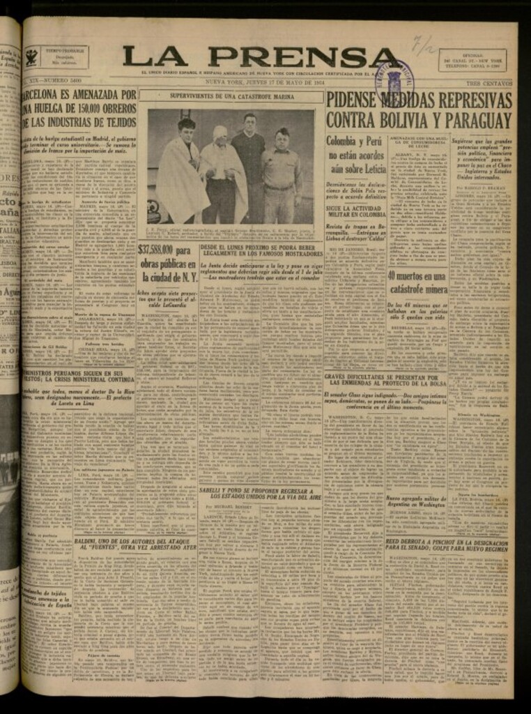 Miniatura de La Prensa: único diario español e hispano americano en Nueva York del 17 de mayo de 1934, nº 5400
