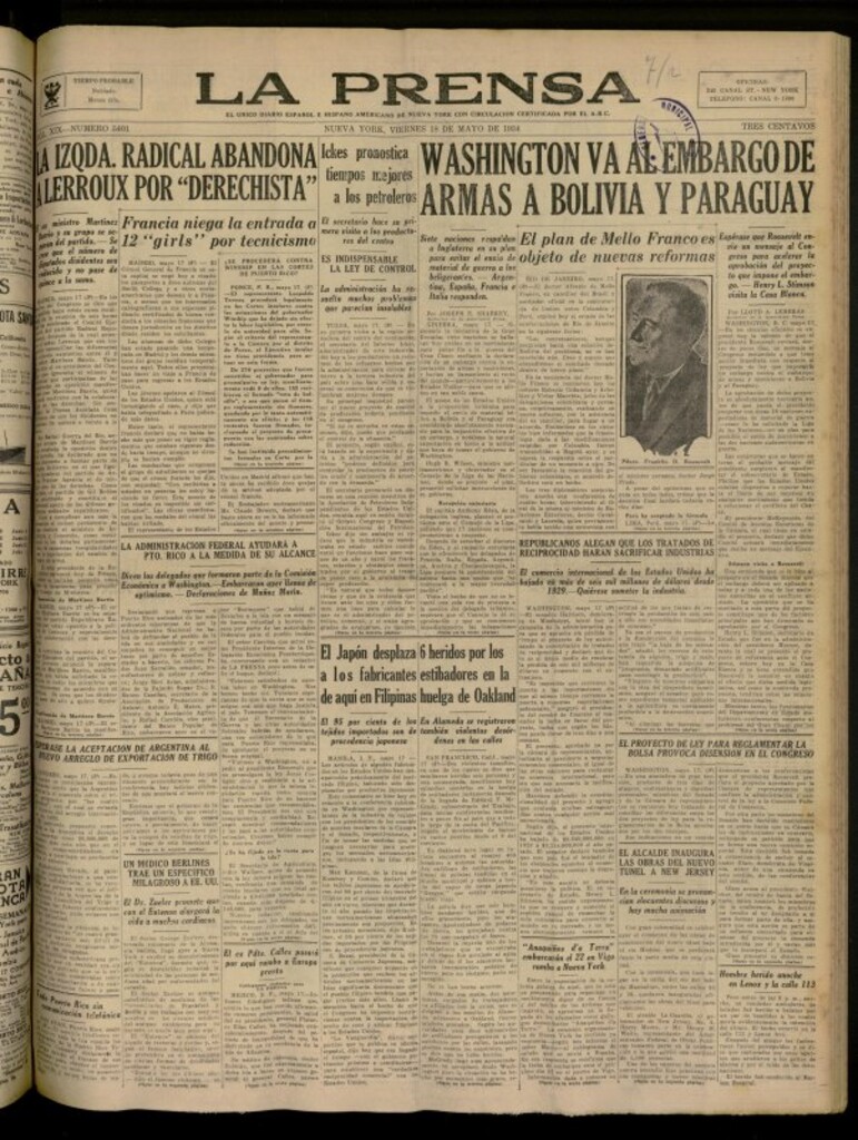 Miniatura de La Prensa: único diario español e hispano americano en Nueva York del 18 de mayo de 1934, nº 5401