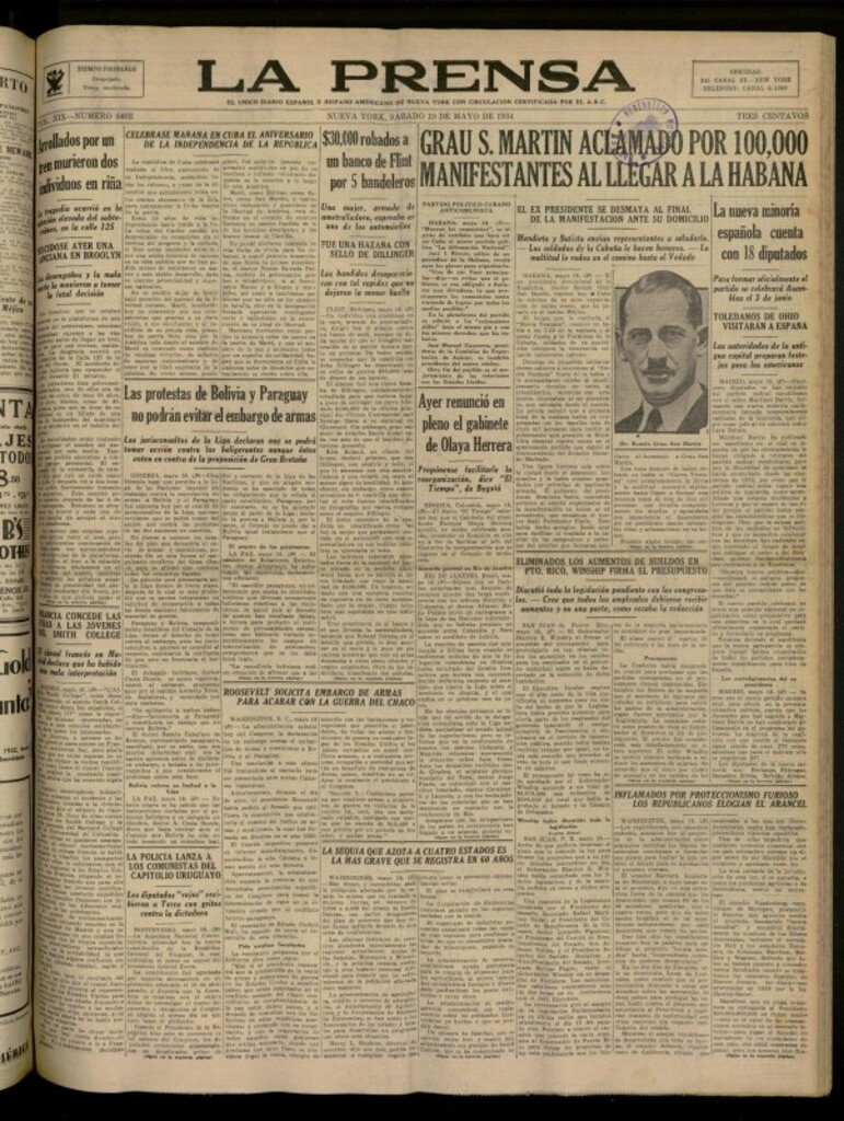 Miniatura de La Prensa: único diario español e hispano americano en Nueva York del 19 de mayo de 1934, nº 5402