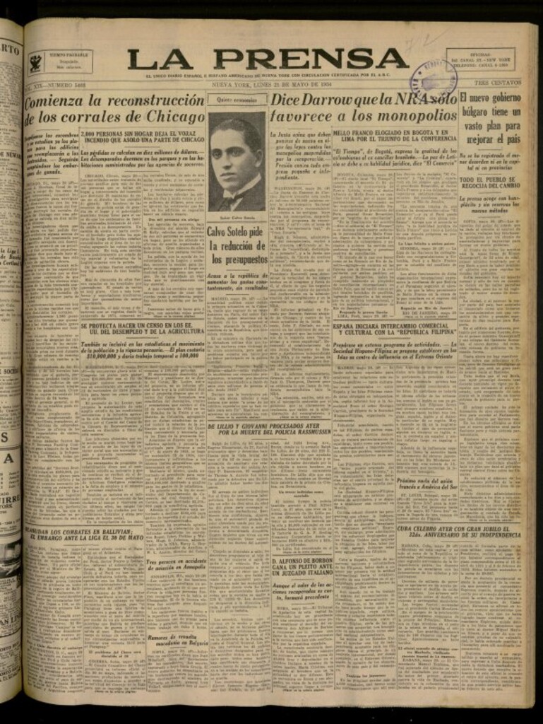 Miniatura de La Prensa: único diario español e hispano americano en Nueva York del 21 de mayo de 1934, nº 5403