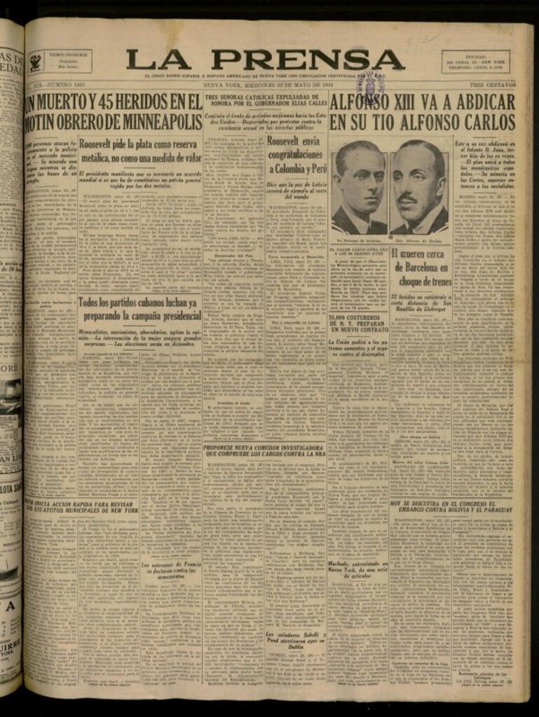 Miniatura de La Prensa: único diario español e hispano americano en Nueva York del 23 de mayo de 1934, nº 5405