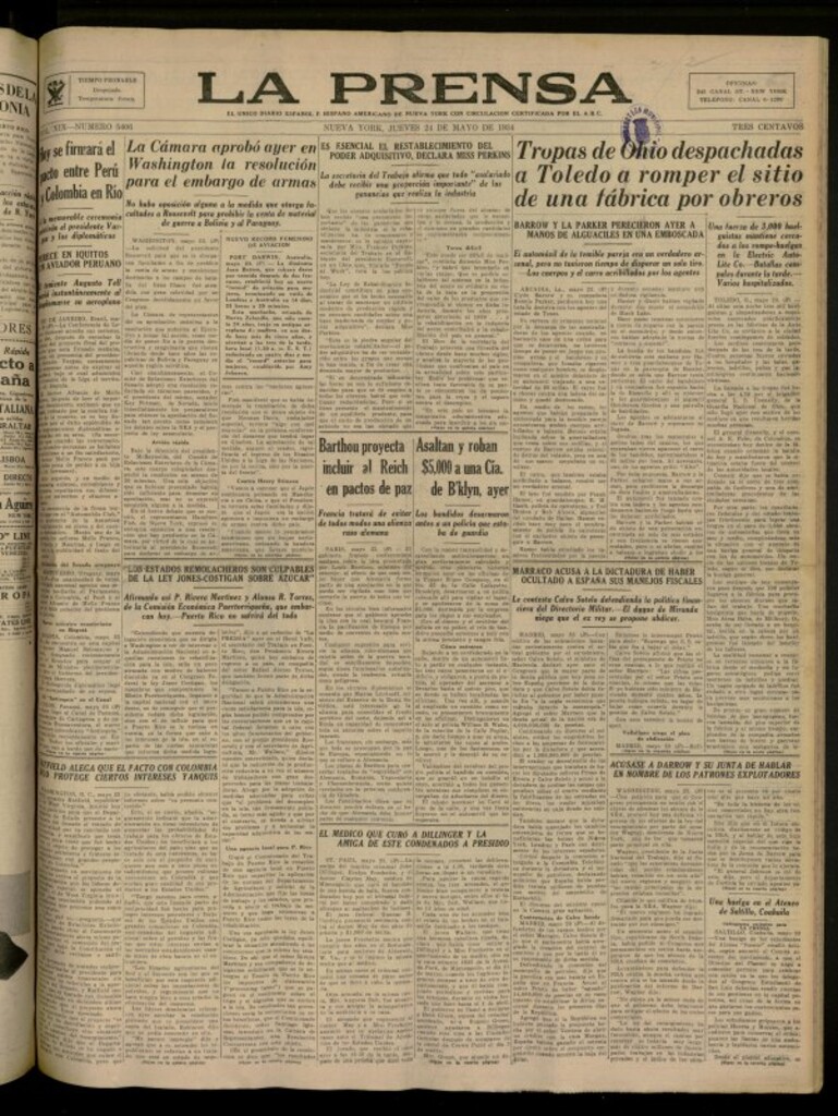 Miniatura de La Prensa: único diario español e hispano americano en Nueva York del 24 de mayo de 1934, nº 5406