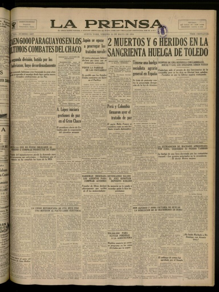 Miniatura de La Prensa: único diario español e hispano americano en Nueva York del 25 de mayo de 1934, nº 5407