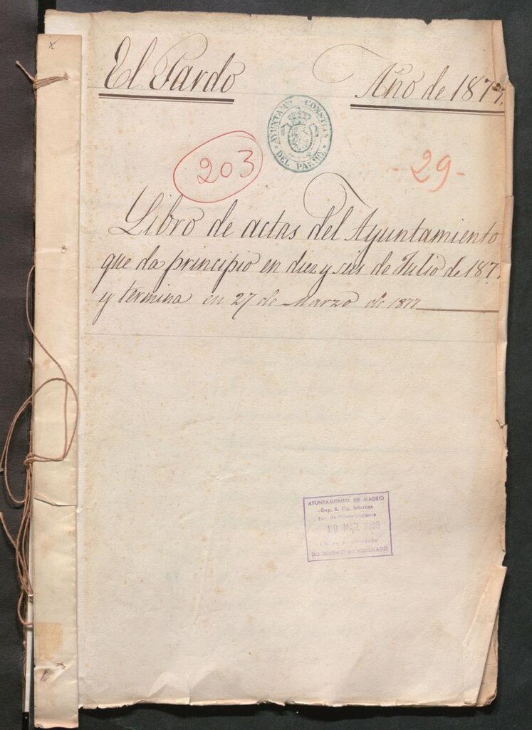 Miniatura de Actas y acuerdos del ayuntamiento de El Pardo de 1877. Libro 203.