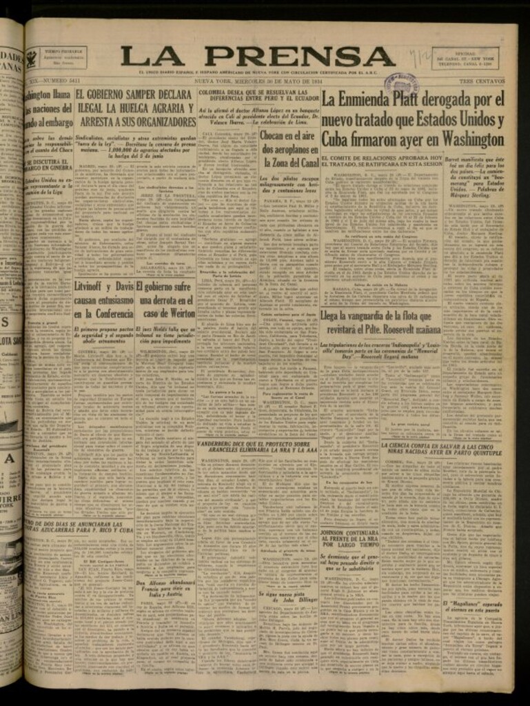 Miniatura de La Prensa: único diario español e hispano americano en Nueva York del 30 de mayo de 1934, nº 5411