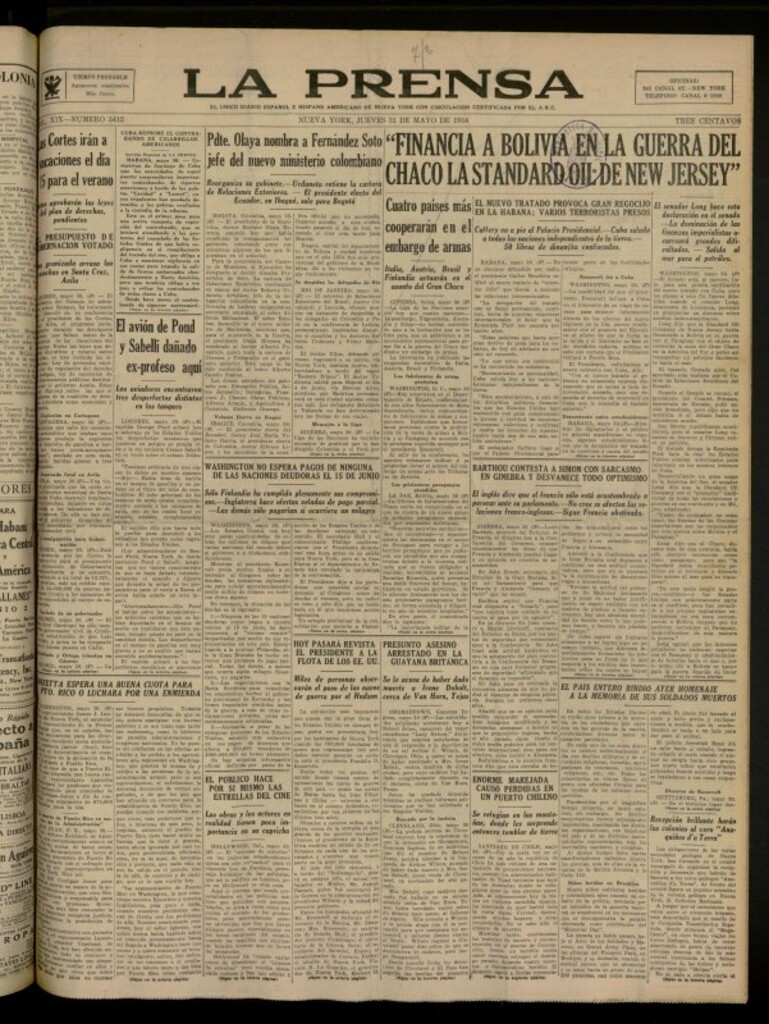 Miniatura de La Prensa: único diario español e hispano americano en Nueva York del 31 de mayo de 1934, nº 5412