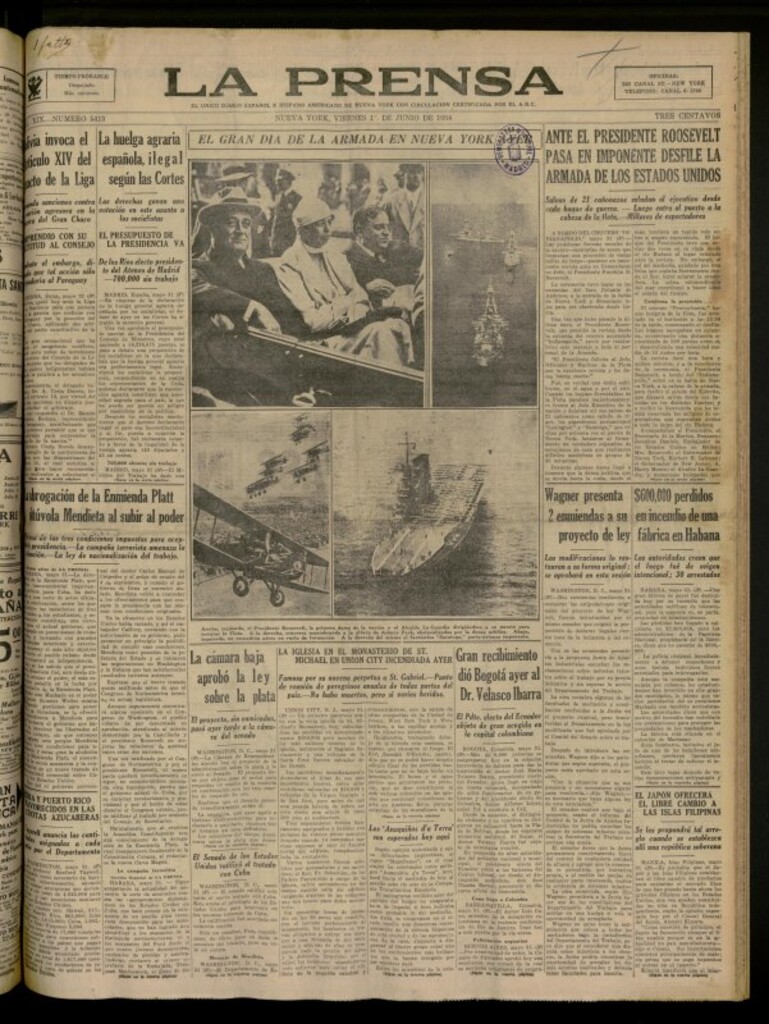 Miniatura de La Prensa: único diario español e hispano americano en Nueva York del 1 de junio de 1934, nº 5413