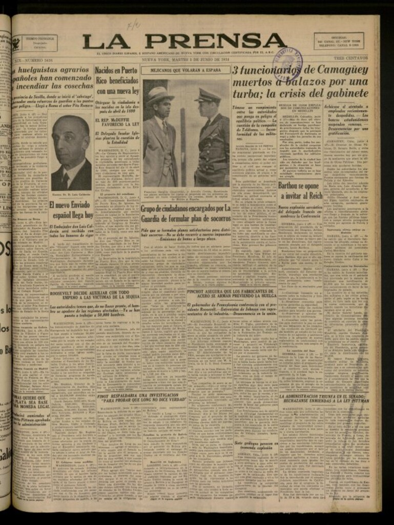 Miniatura de La Prensa: único diario español e hispano americano en Nueva York del 5 de junio de 1934, nº 5416