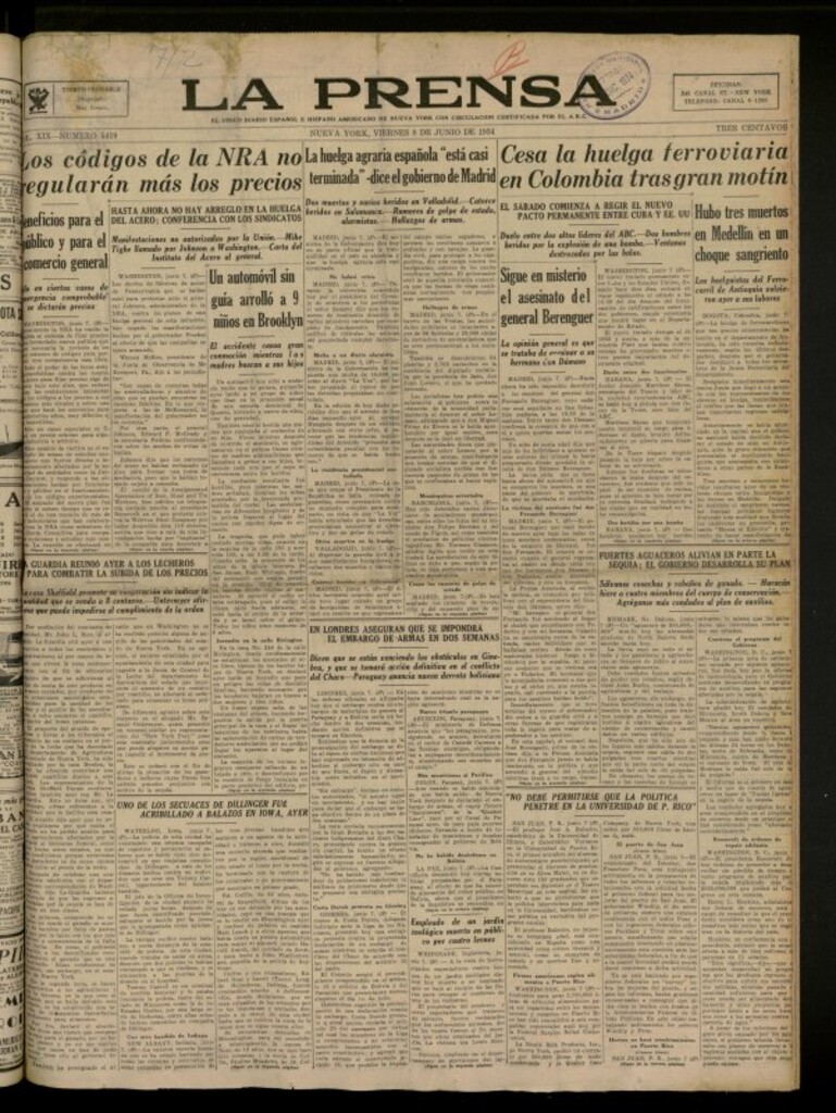 Miniatura de La Prensa: único diario español e hispano americano en Nueva York del 8 de junio de 1934, nº 5419