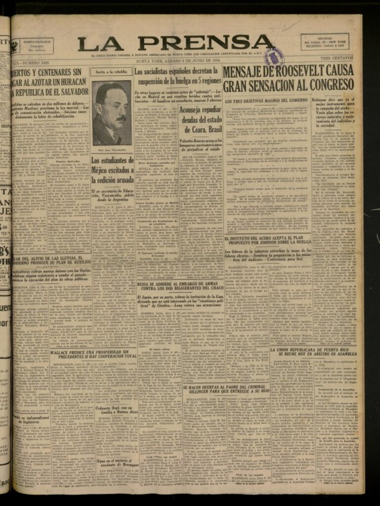 Miniatura de La Prensa: único diario español e hispano americano en Nueva York del 9 de junio de 1934, nº 5420
