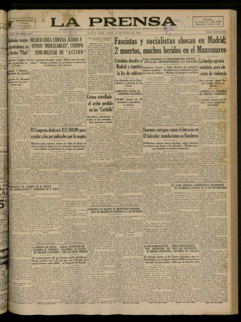 Miniatura de La Prensa: único diario español e hispano americano en Nueva York del 11 de junio de 1934, nº 5421
