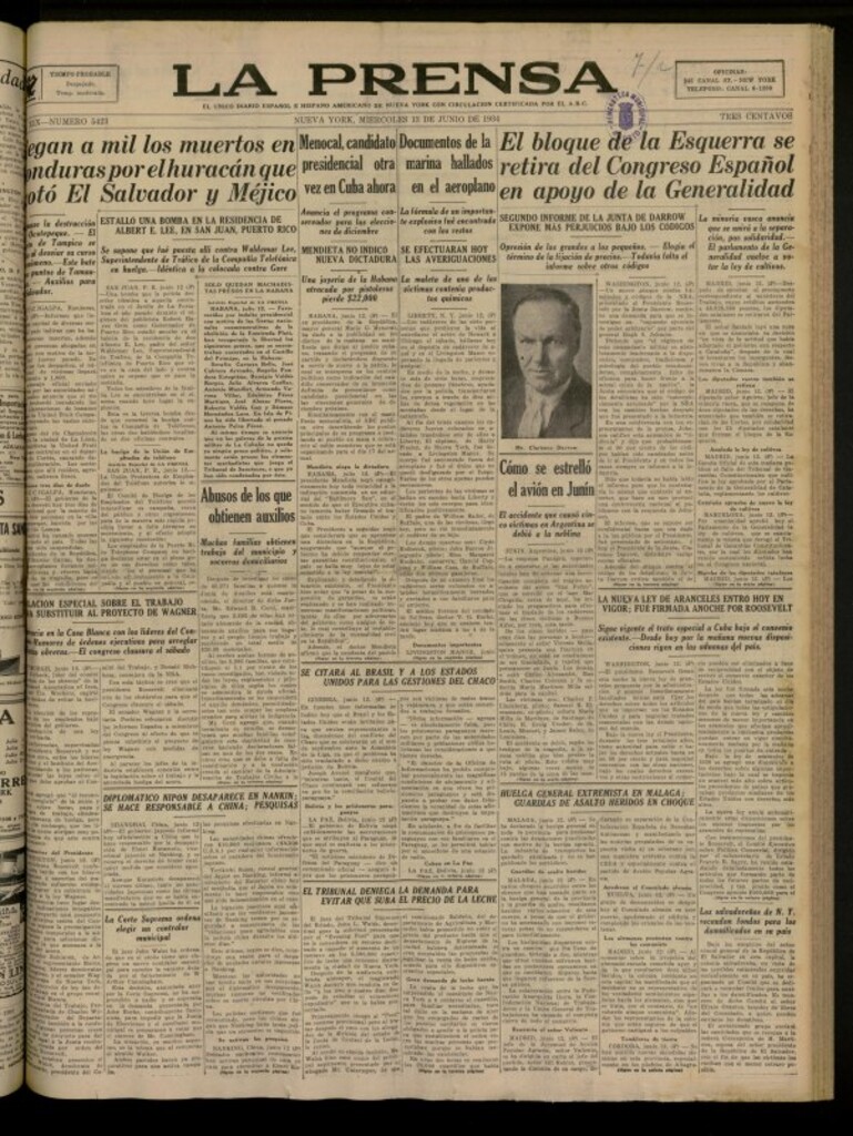 Miniatura de La Prensa: único diario español e hispano americano en Nueva York del 13 de junio de 1934, nº 5423