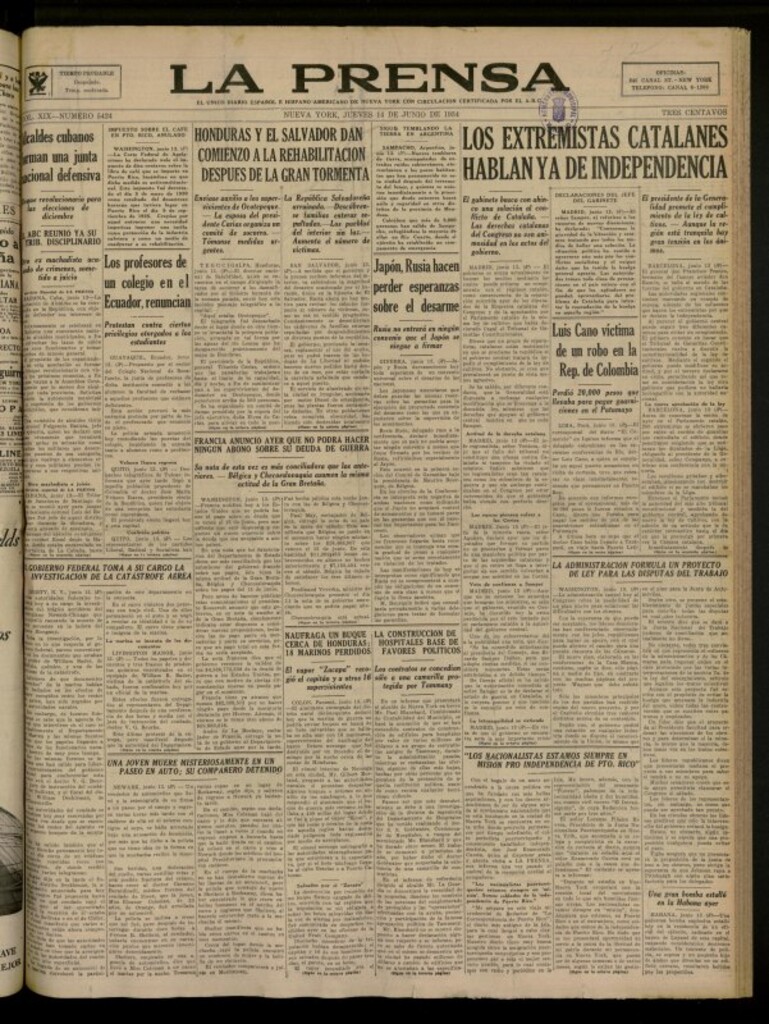 Miniatura de La Prensa: único diario español e hispano americano en Nueva York del 14 de junio de 1934, nº 5424