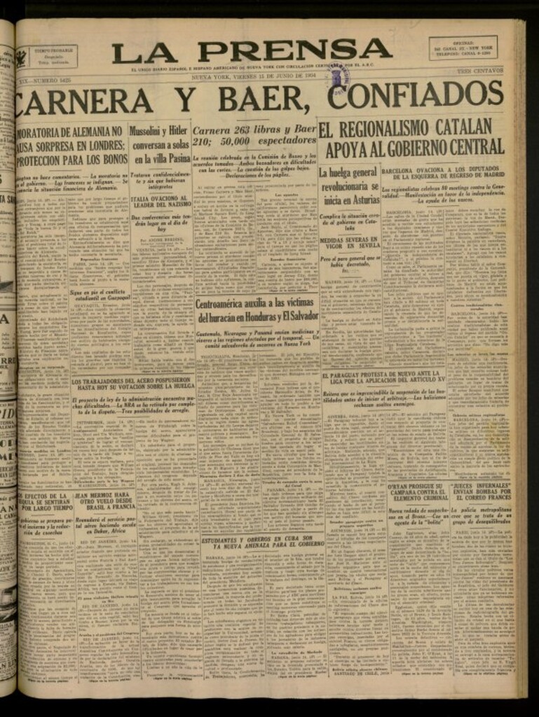Miniatura de La Prensa: único diario español e hispano americano en Nueva York del 15 de junio de 1934, nº 5425
