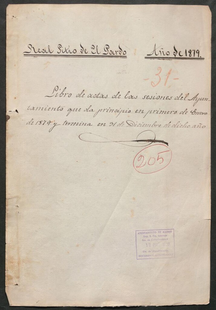 Miniatura de Actas y acuerdos del ayuntamiento de El Pardo de 1879. Libro 205.