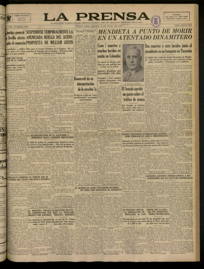 Miniatura de La Prensa: único diario español e hispano americano en Nueva York del 16 de junio de 1934, nº 5426
