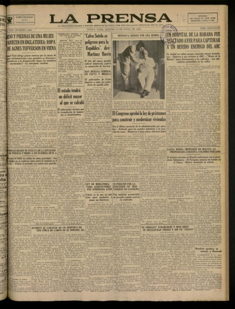 Miniatura de La Prensa: único diario español e hispano americano en Nueva York del 19 de junio de 1934, nº 5428