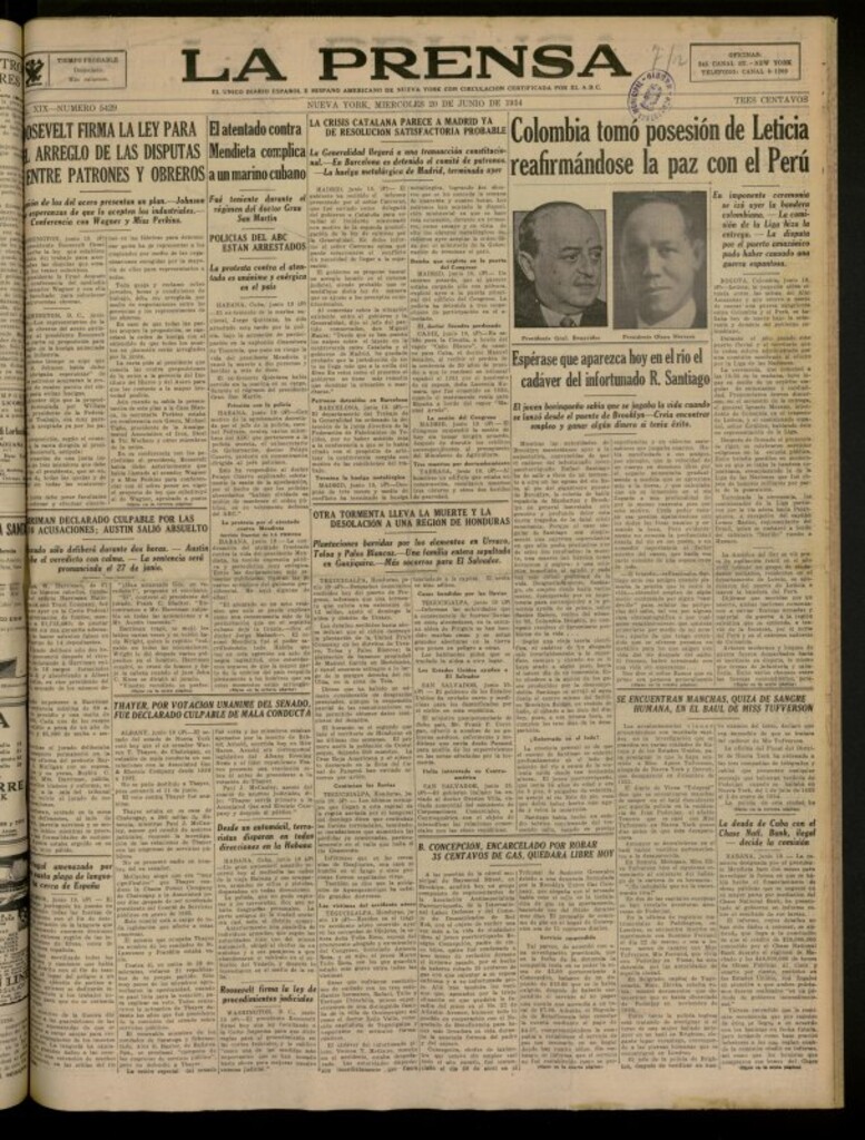 Miniatura de La Prensa: único diario español e hispano americano en Nueva York del 20 de junio de 1934, nº 5429