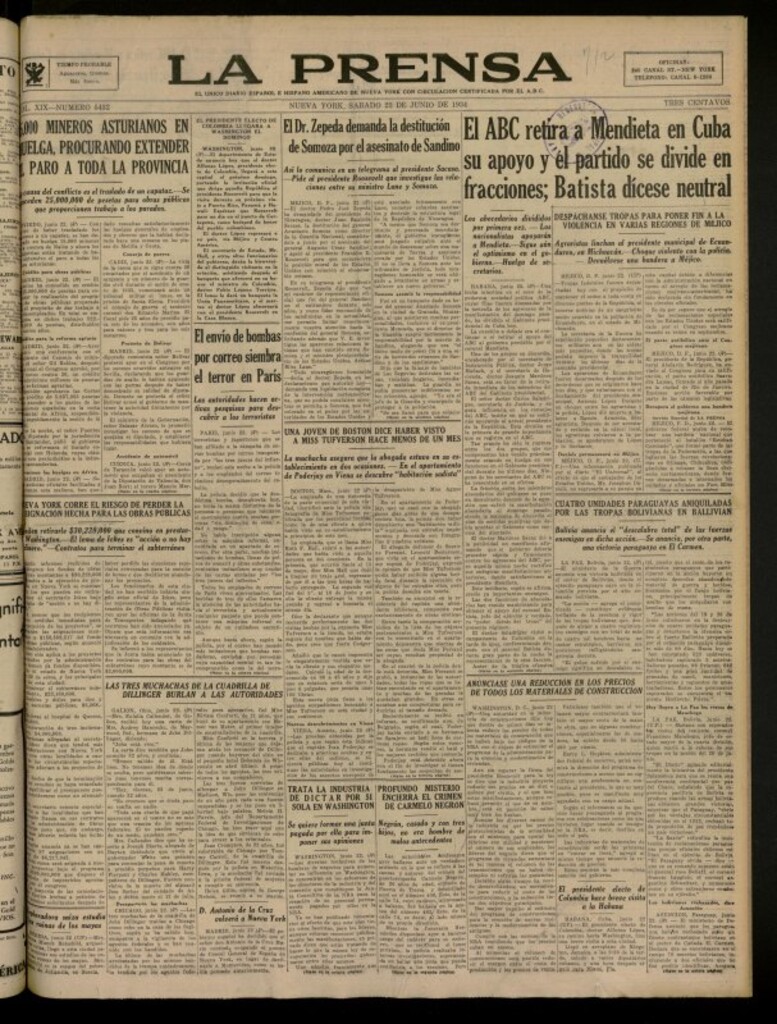 Miniatura de La Prensa: único diario español e hispano americano en Nueva York del 23 de junio de 1934, nº 5432