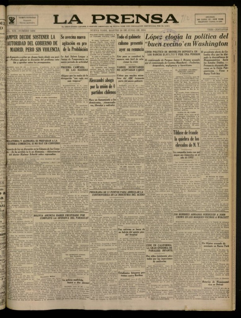 Miniatura de La Prensa: único diario español e hispano americano en Nueva York del 26 de junio de 1934, nº 5434