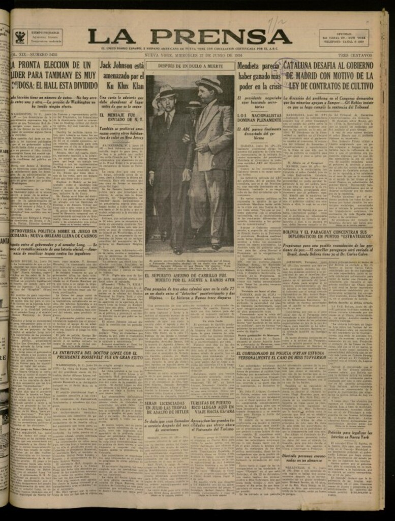 Miniatura de La Prensa: único diario español e hispano americano en Nueva York del 27 de junio de 1934, nº 5435