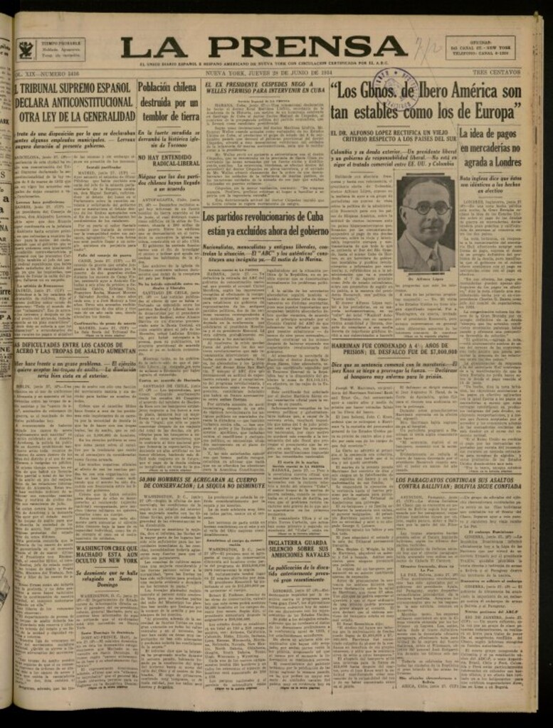 Miniatura de La Prensa: único diario español e hispano americano en Nueva York del 28 de junio de 1934, nº 5436